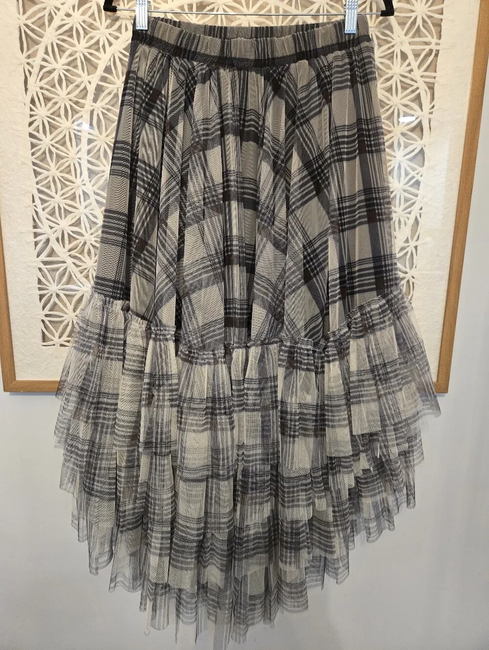 Kate Hewko Plaid High-Low Ruffle Tulle Skirt Gray Black One Size Statement - Picture 5 of 10